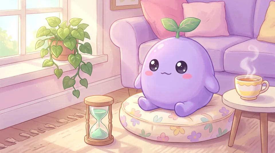 The dreamling on a cushion facing a small hourglass, first minute of meditation