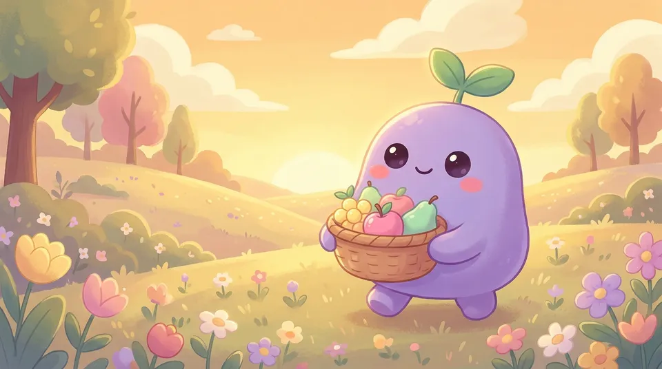 The dreamling carrying a basket of fruit it harvested in golden light