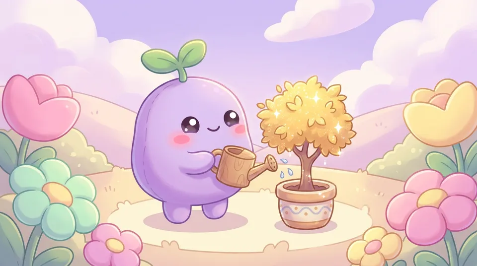 The dreamling watering a small tree whose leaves glint gold