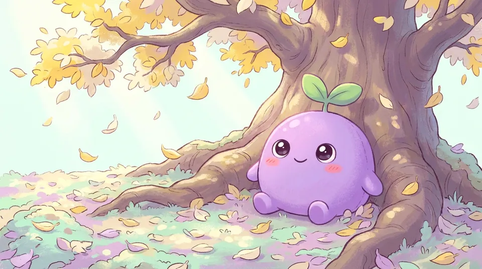The dreamling under a tree as golden leaves fall around it