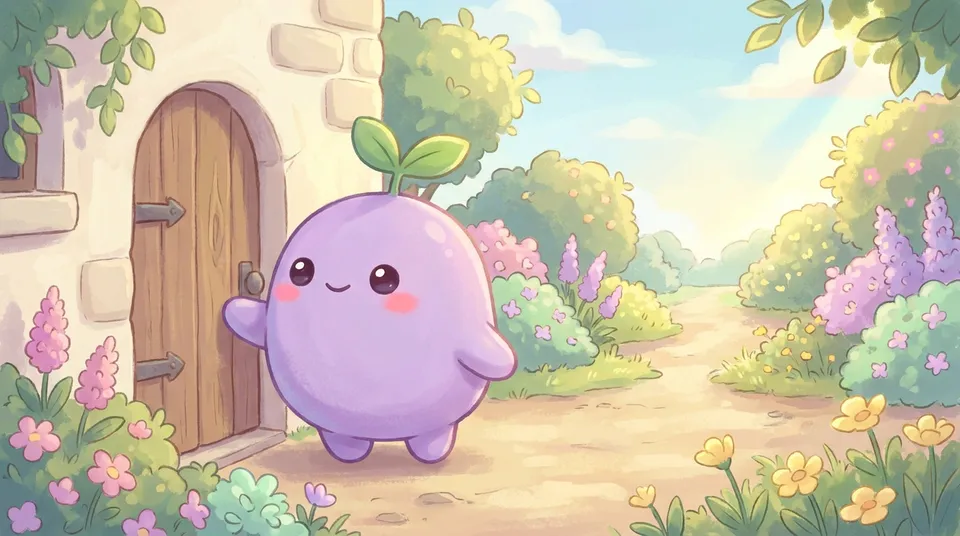 The dreamling gently closing a small wooden door and turning toward a sunny path