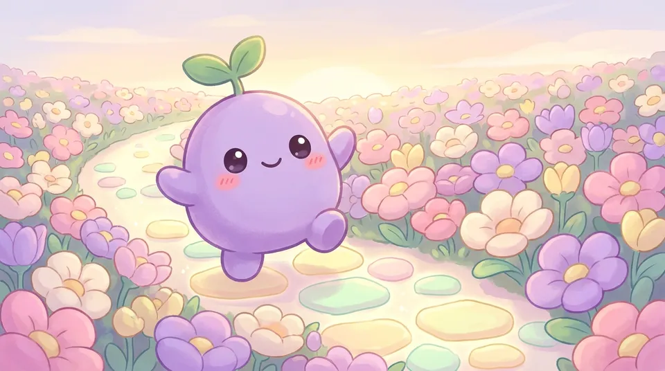 The dreamling taking a confident step onto a glowing path in a flower field