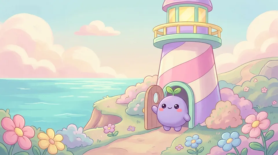 The dreamling waving from the door of a small pastel lighthouse on a cliff