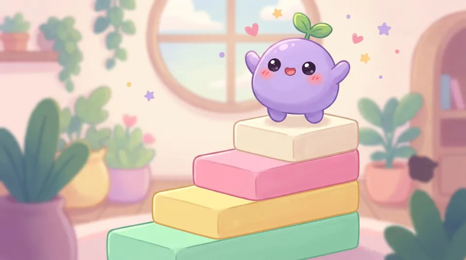 The dreamling on the top step of four colourful blocks with its arms up