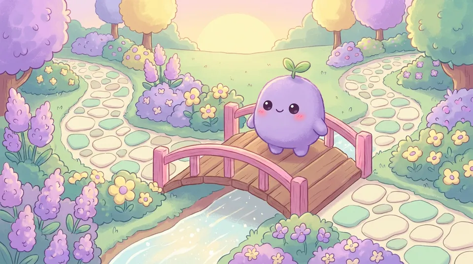 Two garden paths meeting at a small bridge, the dreamling standing where they meet