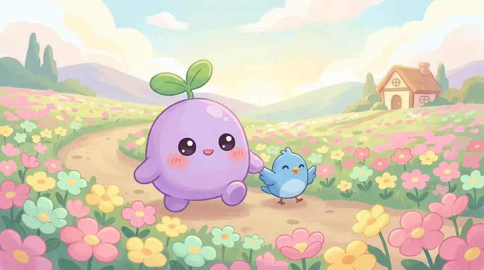 The dreamling holding hands with a small blue bird in a flower field