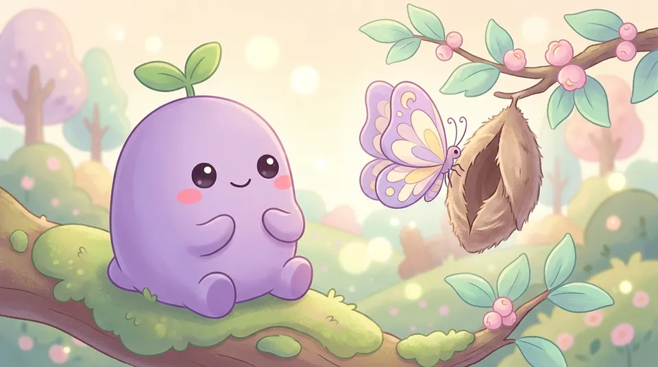 A butterfly emerging from a cocoon as the dreamling watches