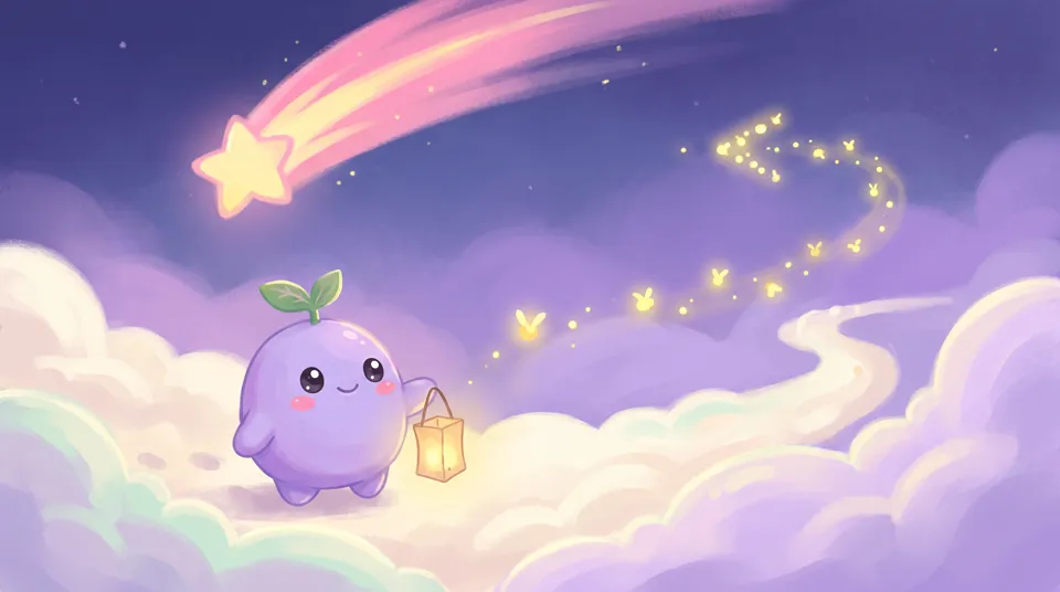 The dreamling following a trail of fireflies along a cloud path at night with a lantern