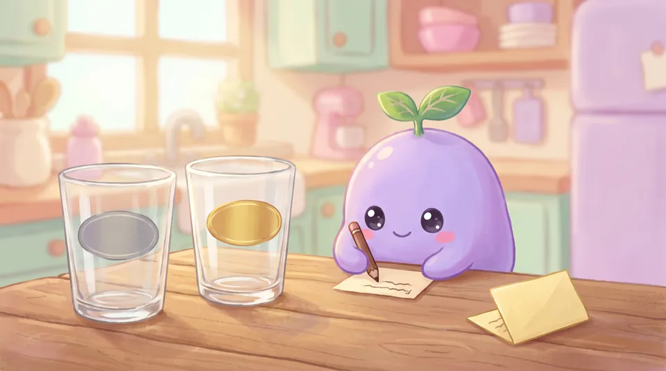 The dreamling writing two small paper labels next to two glasses