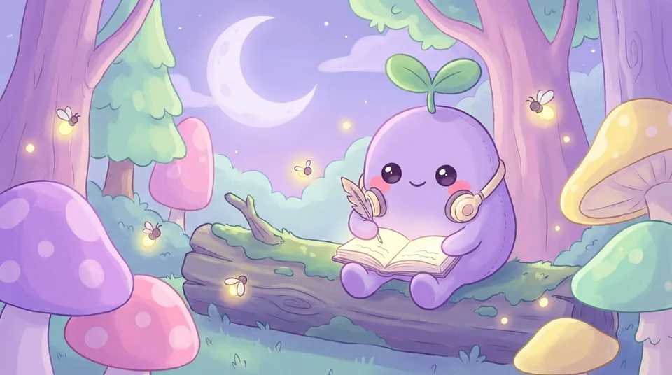 The dreamling writing in a journal by moonlight with headphones around its neck
