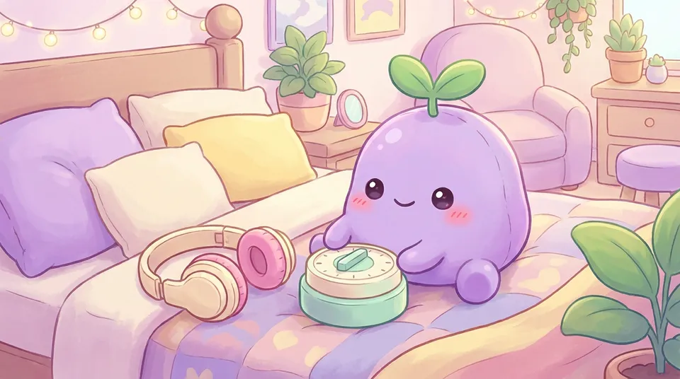 A cute round kitchen timer next to headphones on a bed