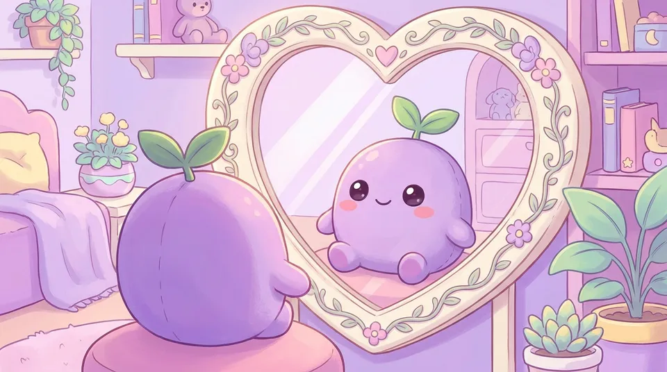 The dreamling smiling at itself in a heart-framed mirror