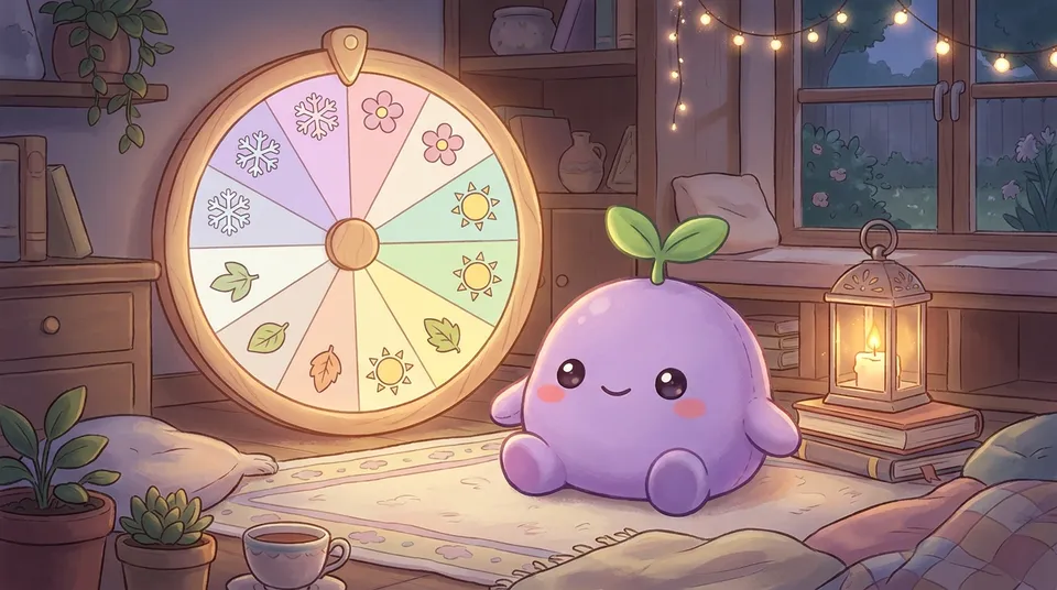 The dreamling on a rug before a round calendar wheel of twelve pastel season segments