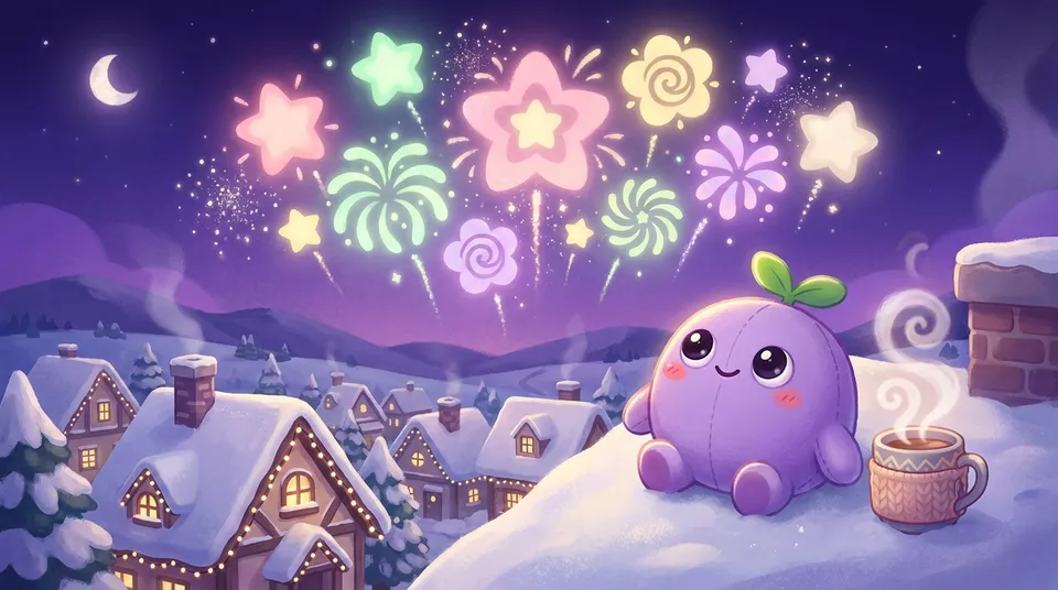 The dreamling watching pastel star and flower fireworks over a snowy village