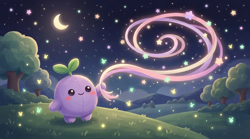 The dreamling on a hill tracing a glowing ribbon between the stars