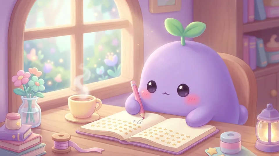 The dreamling writing rows of little doodled stars in a notebook by a big window