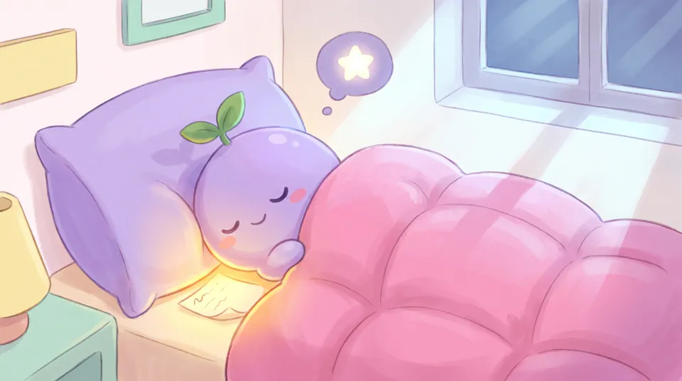 The dreamling asleep, a soft glow under the pillow and a star in a dream bubble