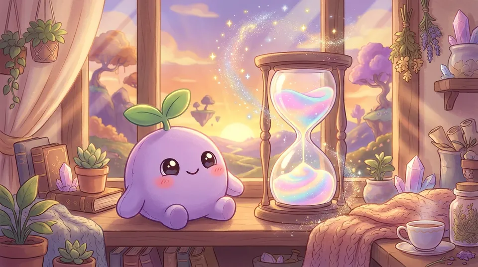 The dreamling watching a glowing pastel hourglass on a windowsill at sunset