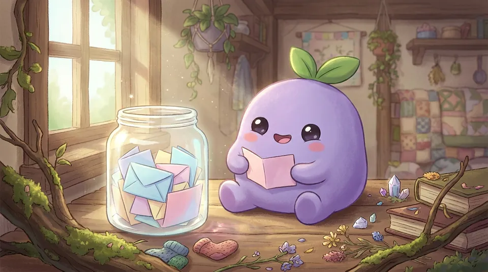 The dreamling pulling a folded card from a glowing jar of pastel cards