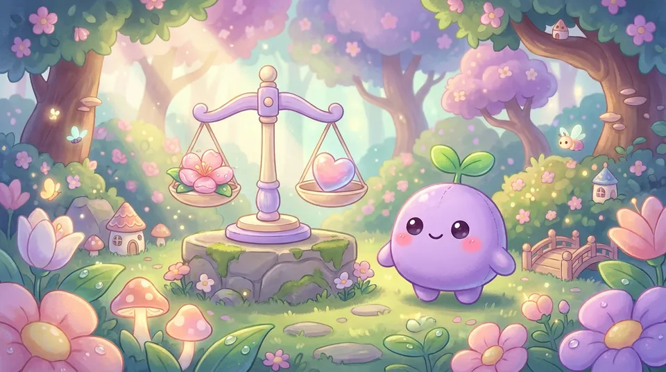 A pastel balance scale in a garden with a flower and a heart perfectly level