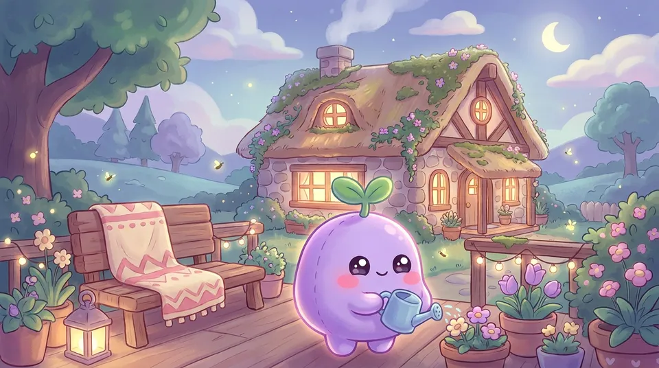 The dreamling watering flowers on the porch of a glowing cottage in the evening