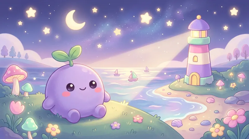 The dreamling by a small pastel lighthouse sweeping a calm sea at night