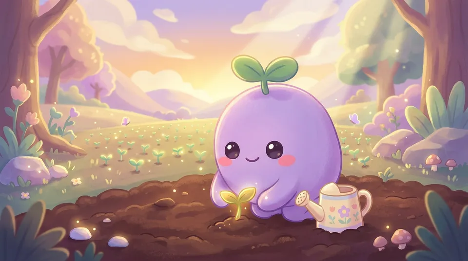 The dreamling planting a glowing sprout in rich soil at golden hour