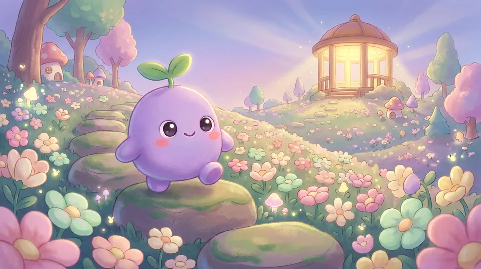 The dreamling climbing stepping stones up a flowery hill toward a glowing gazebo