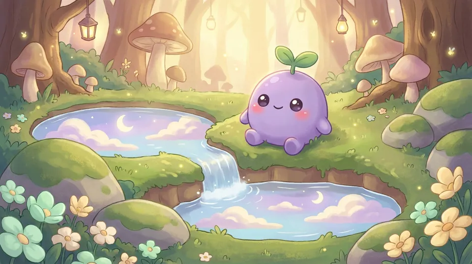 The dreamling sitting between two little ponds joined by a tiny waterfall