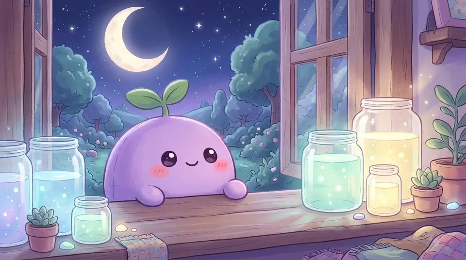 Glass jars of water glowing on a windowsill in moonlight, the dreamling peeking over