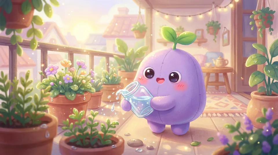 The dreamling pouring sparkling water onto potted plants on a sunny balcony