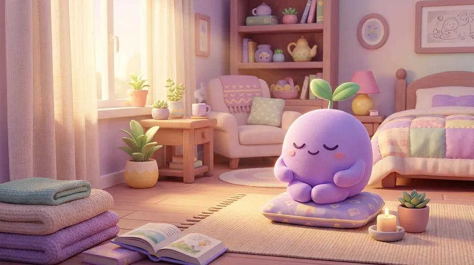 The dreamling meditating on a cushion in a calm bedroom at dawn