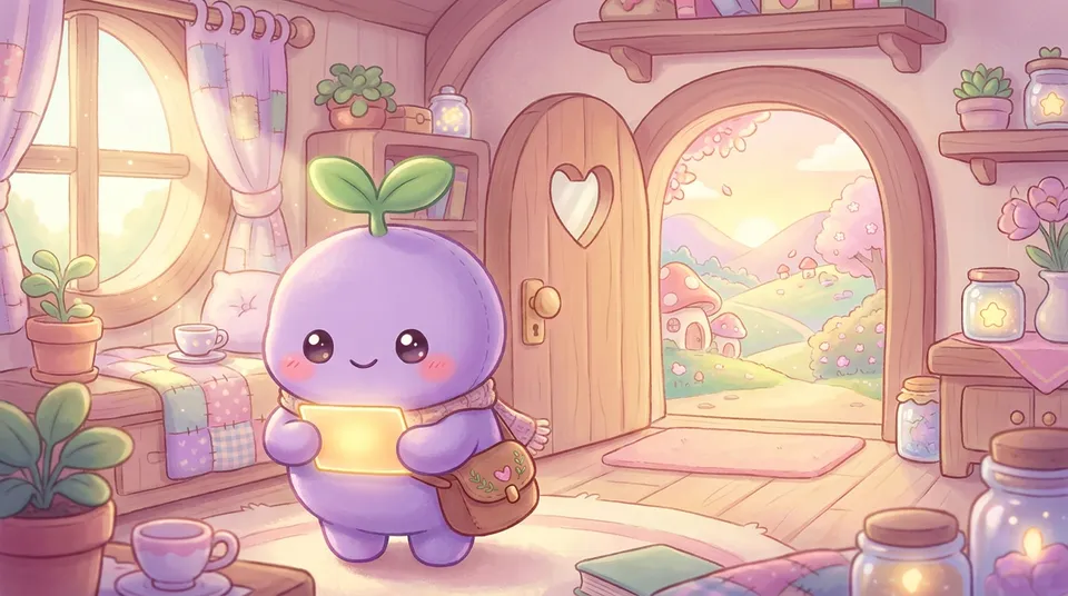 The dreamling tucking a glowing card into a small satchel at the door