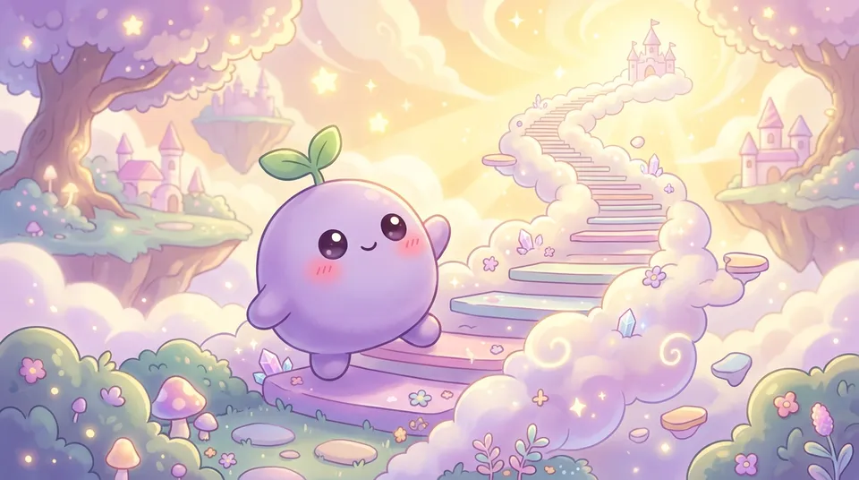 The dreamling climbing a staircase of soft clouds toward a golden sky