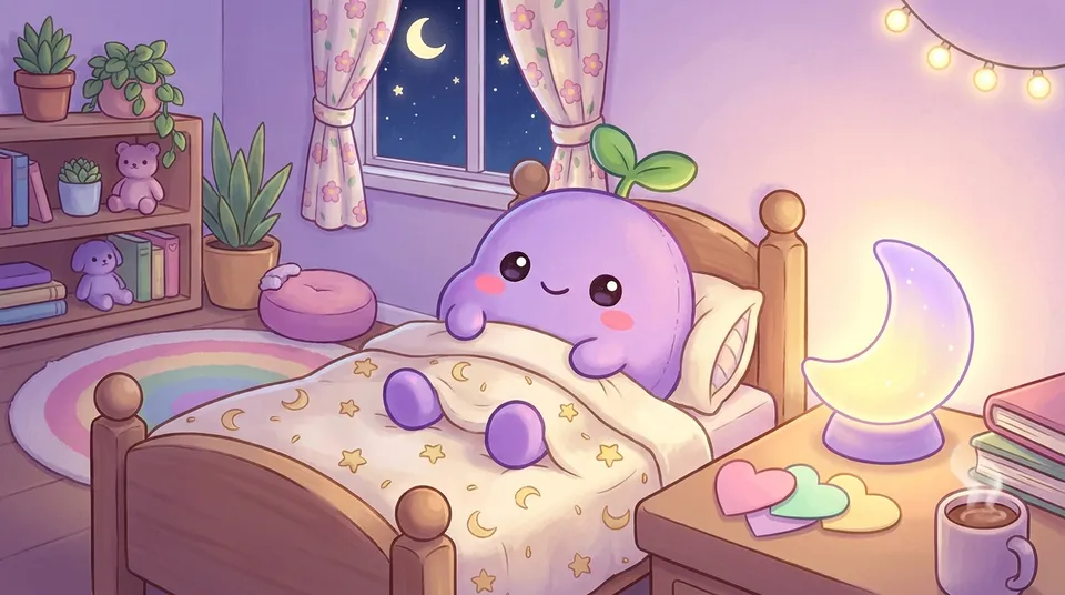 The dreamling tucked in bed under a starry quilt with a moon night light