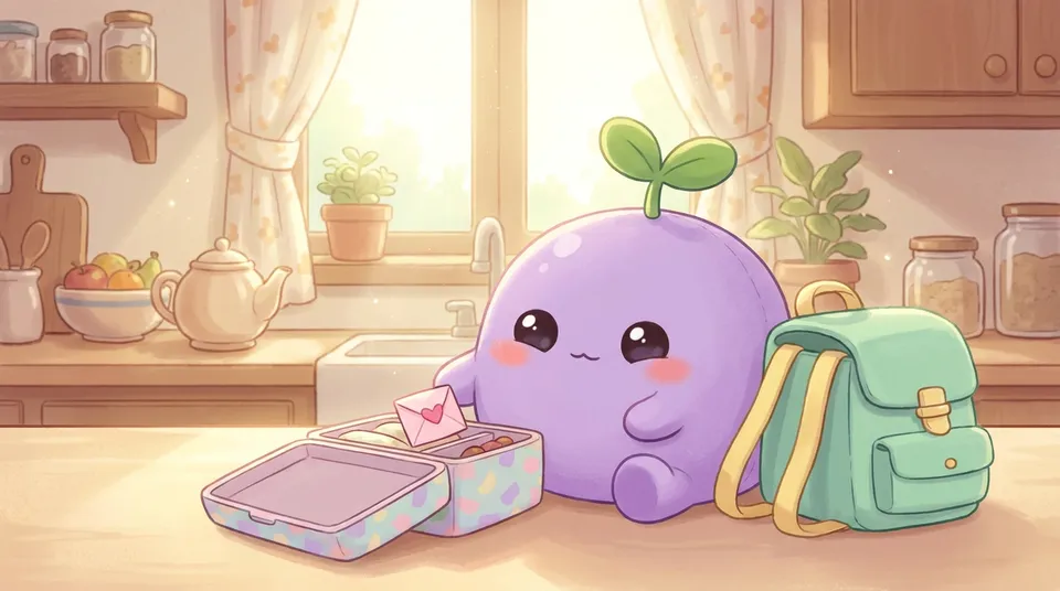 The dreamling putting a heart note into a lunchbox beside a school backpack