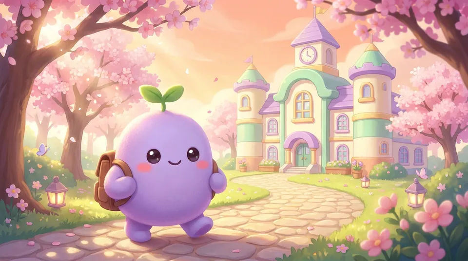 The dreamling walking to a pastel school under cherry blossoms with a backpack