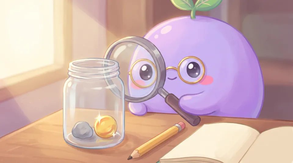 The dreamling looking through a magnifying glass at a jar with a grey object and a golden one