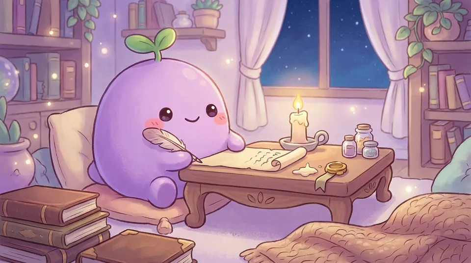 The dreamling writing with a feather quill by candlelight, wax seal and ribbons nearby