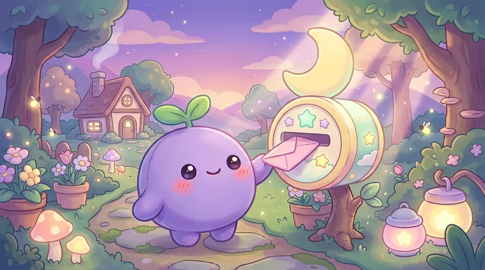 The dreamling posting a pastel envelope into a moon-shaped mailbox at dusk
