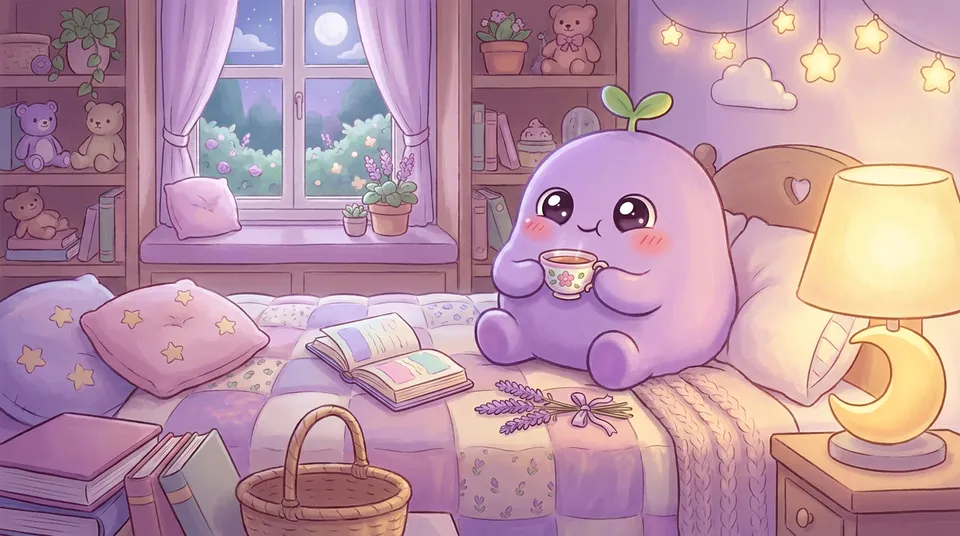 The dreamling in pajamas sipping chamomile tea on the bed beside a journal
