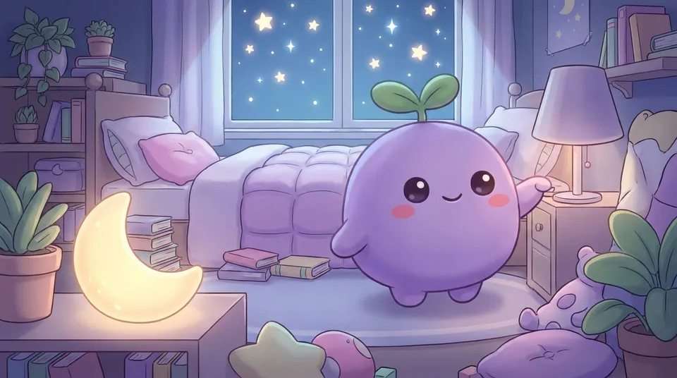 The dreamling turning off the lamp as a moon night light glows