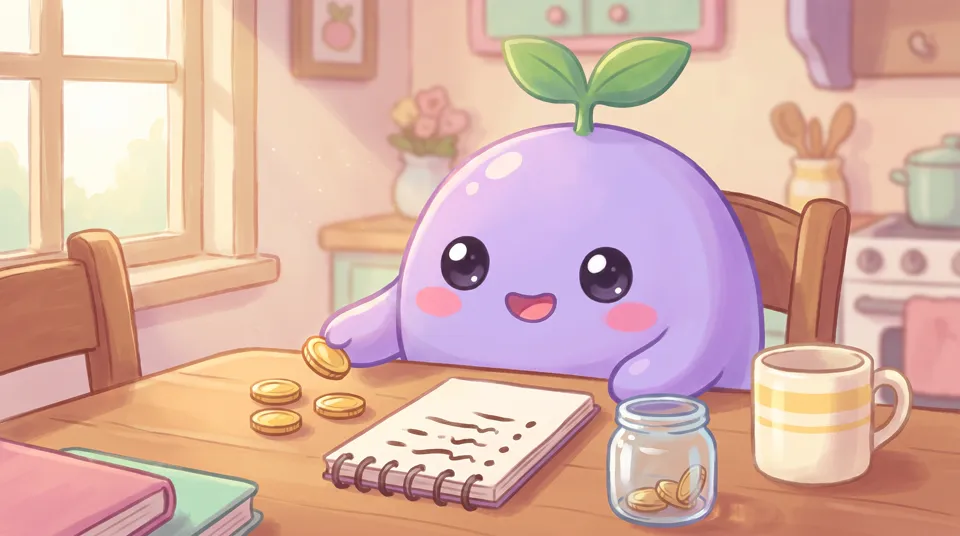 The dreamling counting three coins next to a short written plan