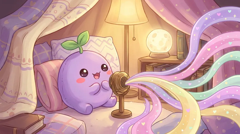 The dreamling speaking into a small vintage microphone, its voice flowing out as pastel ribbons