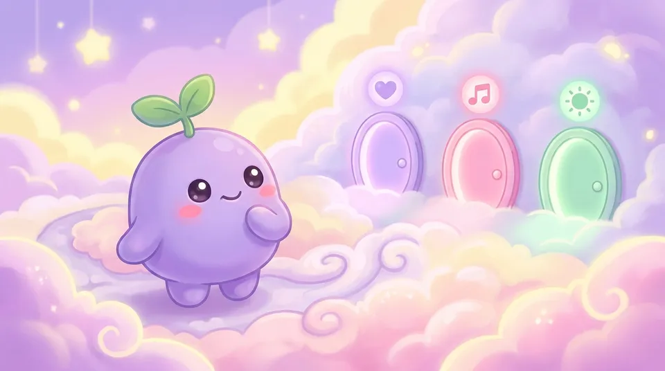 The dreamling on a cloud path choosing between three small glowing doors