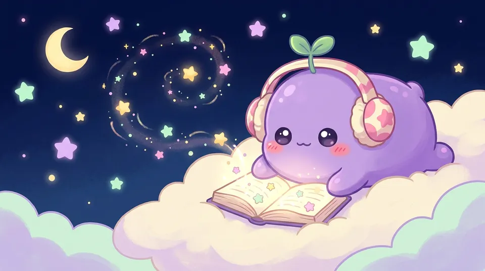 The dreamling lying on a cloud with headphones, reading a storybook that releases stars