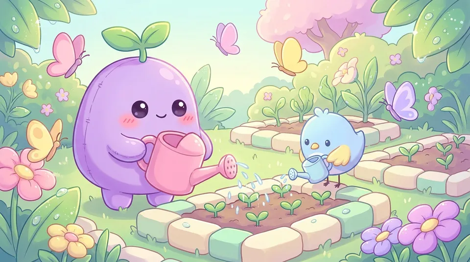 The dreamling and a small blue bird watering tiny plants together