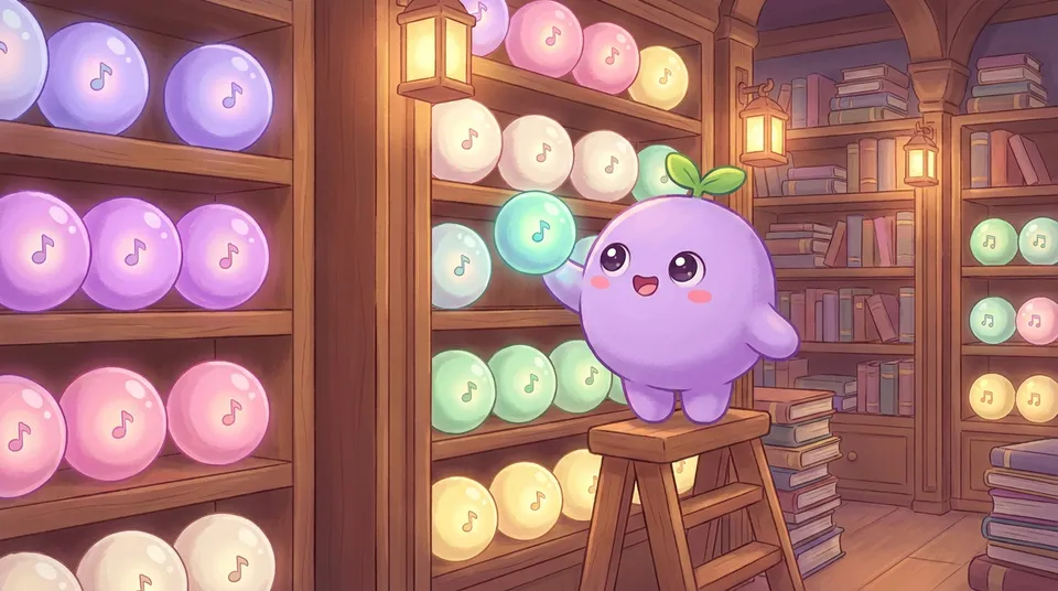 The dreamling on a little ladder reaching for a glowing audio orb on a magical library shelf