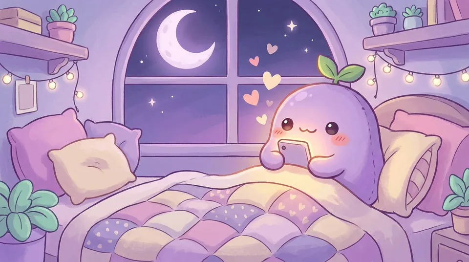 The dreamling in bed at night recording a voice note on a softly glowing phone