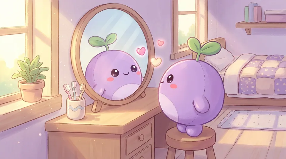 The dreamling on a stool smiling kindly at itself in a round mirror, hearts between them